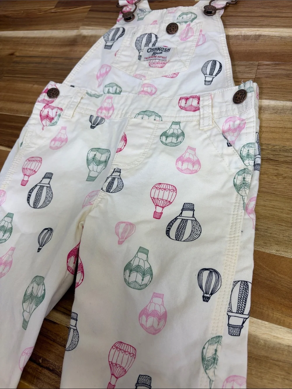 OshKosh B'gosh Cream Overalls with Pink, Green & Navy Balloon Print